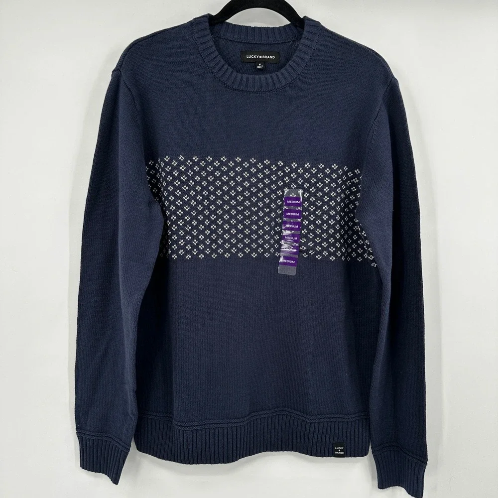 Lucky Brand Navy Blue Geometric Pattern Crew Neck Sweater Classic Men's Medium